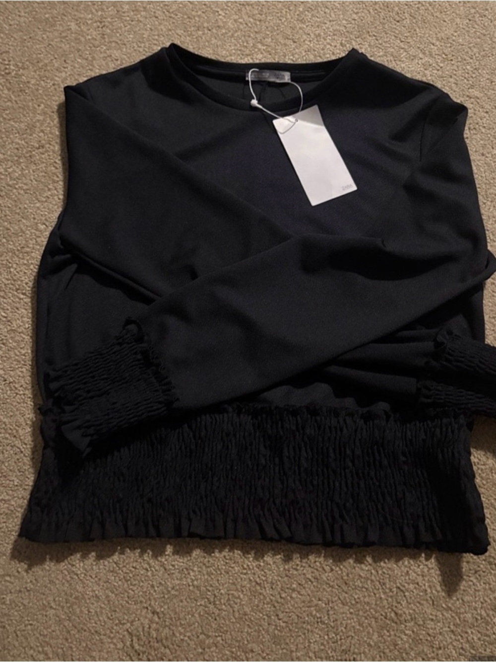 Zara Black Long Sleeve Smocked-Hem Sweatshirt